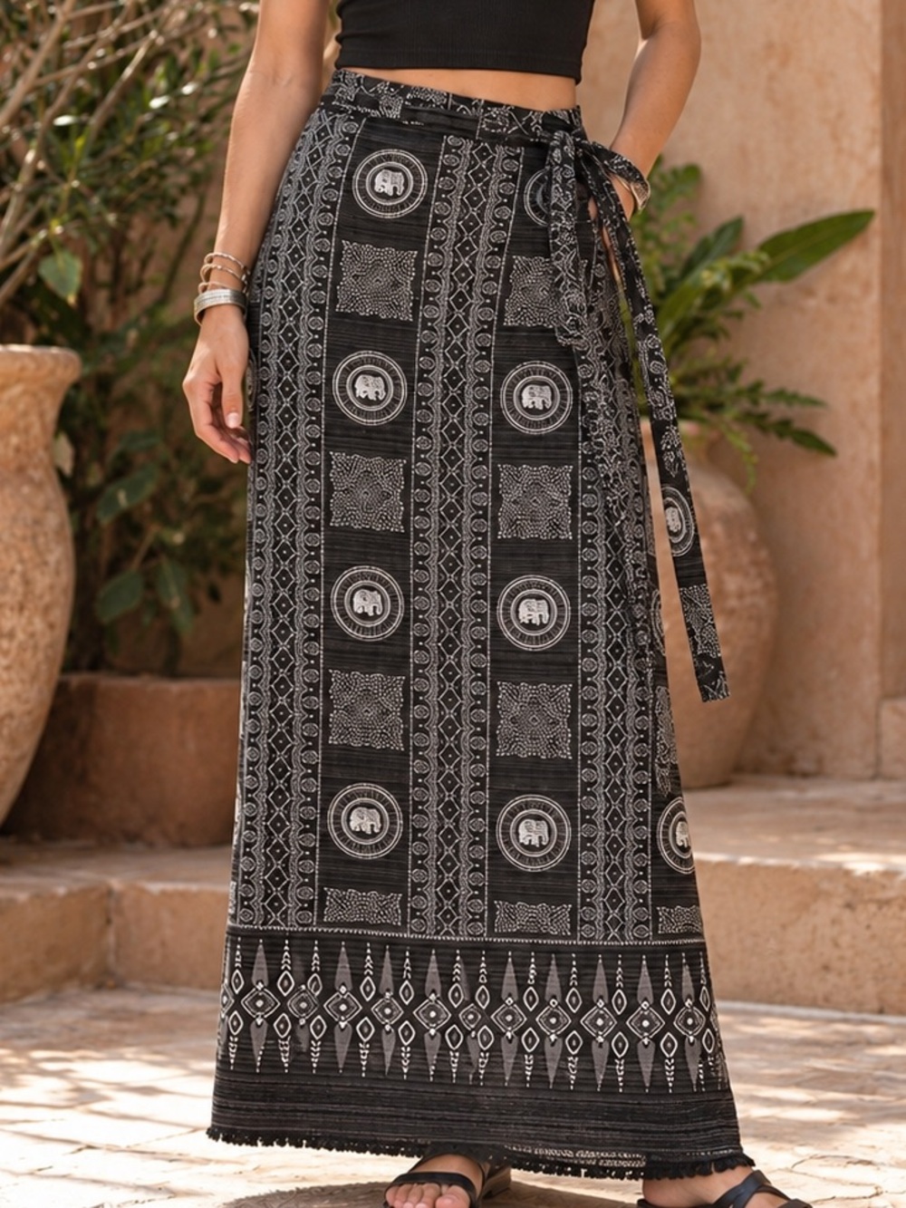 Thai Elephant Print Wrap Maxi Skirt Black Boho Hippie Festival OSFM